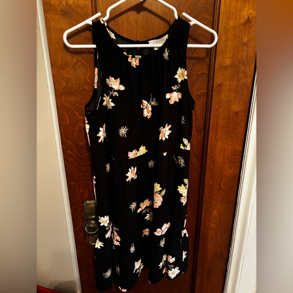 LOFT Black Floral Midi Dress with Pink & Yellow Blooms